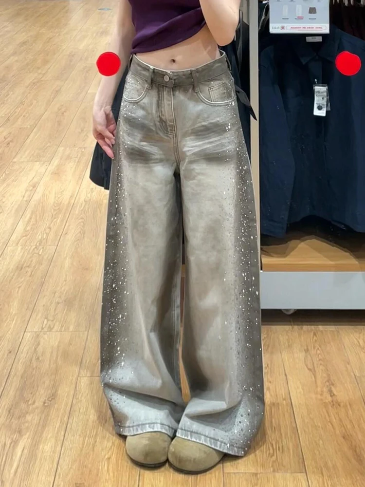 Retro American Design Faded Denim Jeans Women Summer Spicy Side Rhinestone Floor-Length Pants Natural Waist Pure Color