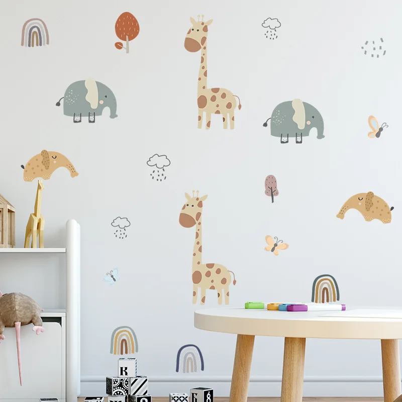 Cartoon Animals Wall Stickers for Baby Kids Room Children Bedroom Wall Decor Giraffe Elephant Wall Decals Home Decor Wallpapers