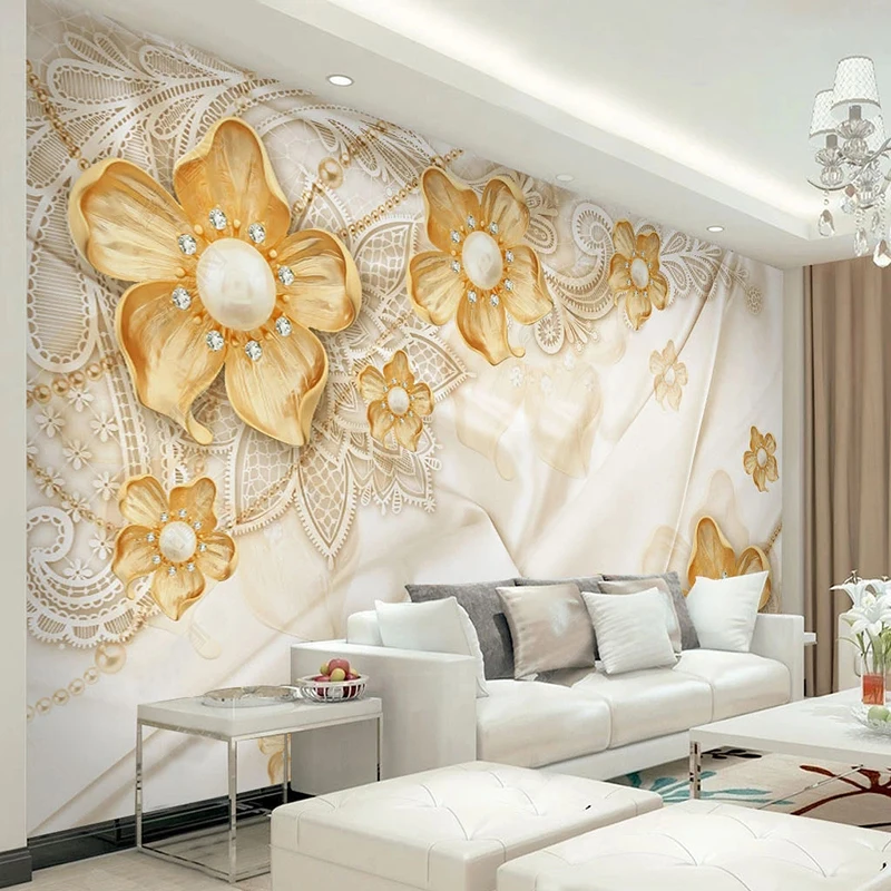 3D Wallpaper Gold European Style Jewelry Flowers Photo Wall Murals Living Room TV Sofa Bedroom Home Decor Background 3D Fresco