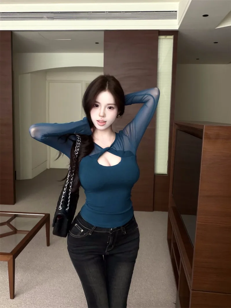Sexy Spicy Long Sleeve T-Shirt Women's Autumn Light Maturity Lady Style Hollow out Design Elegant Top Korean Version Commute ...