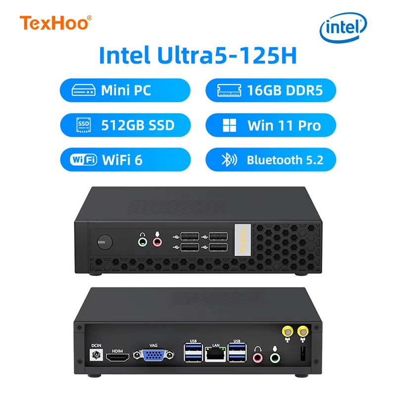 TexHoo มินิพีซี Windows 11 Pro, Ultra5 125H, แรม 16GB DDR5 แบบ Dual-Channel, SSD M.2 512GB, WiFi 6, BT 5.2, คอมพิวเตอร์ขนาดเล็กสำหรับทำงานออฟฟิศ/เล่นเกม