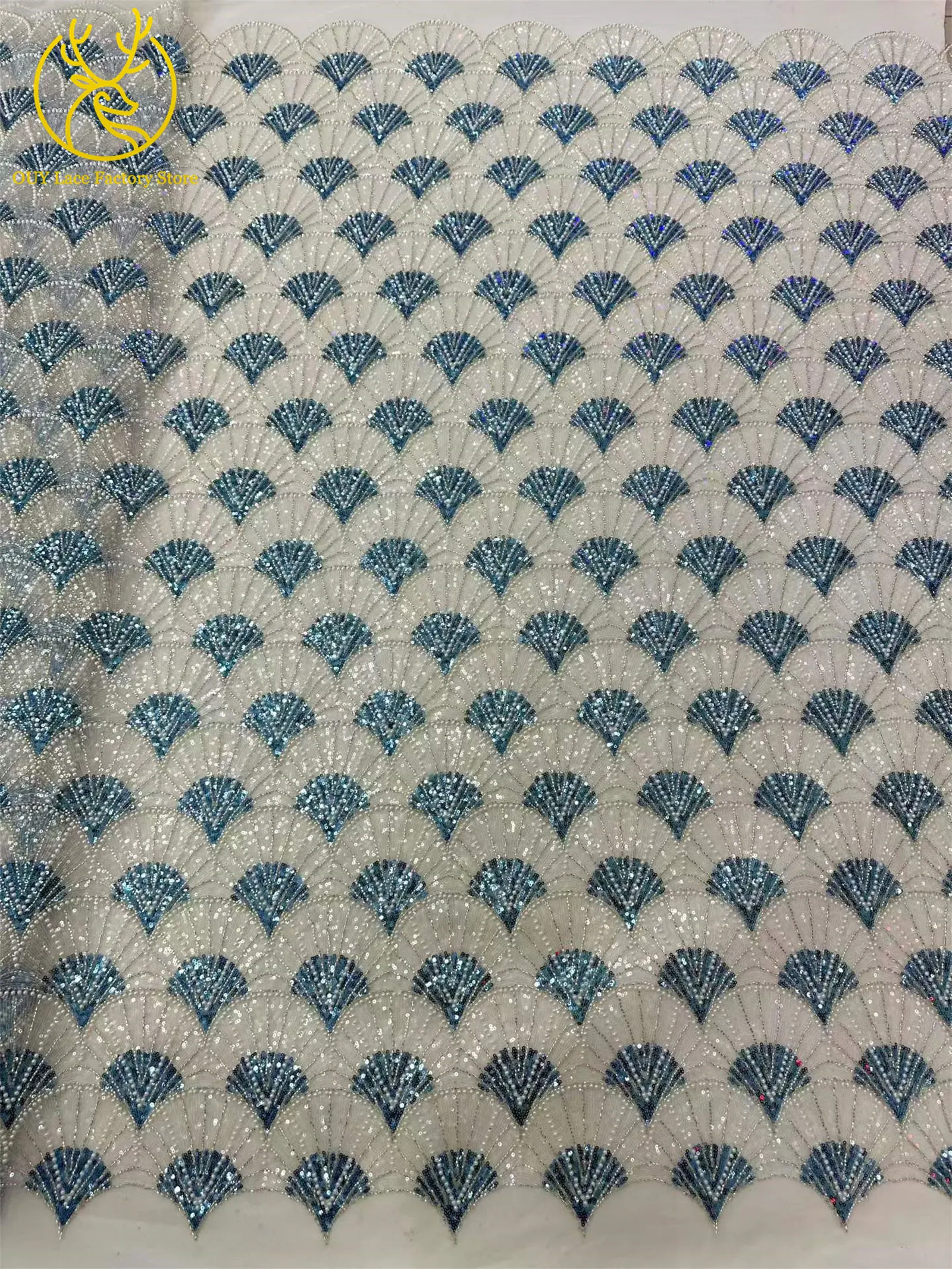 5 Yards Afrikanischer Pailletten-Perlen-Spitzenstoff Hochwertiger Französischer Tüll-Spitzenstoff Nigerianischer Spitzenstoff für Partykleider und Näharbeiten – Detail 5