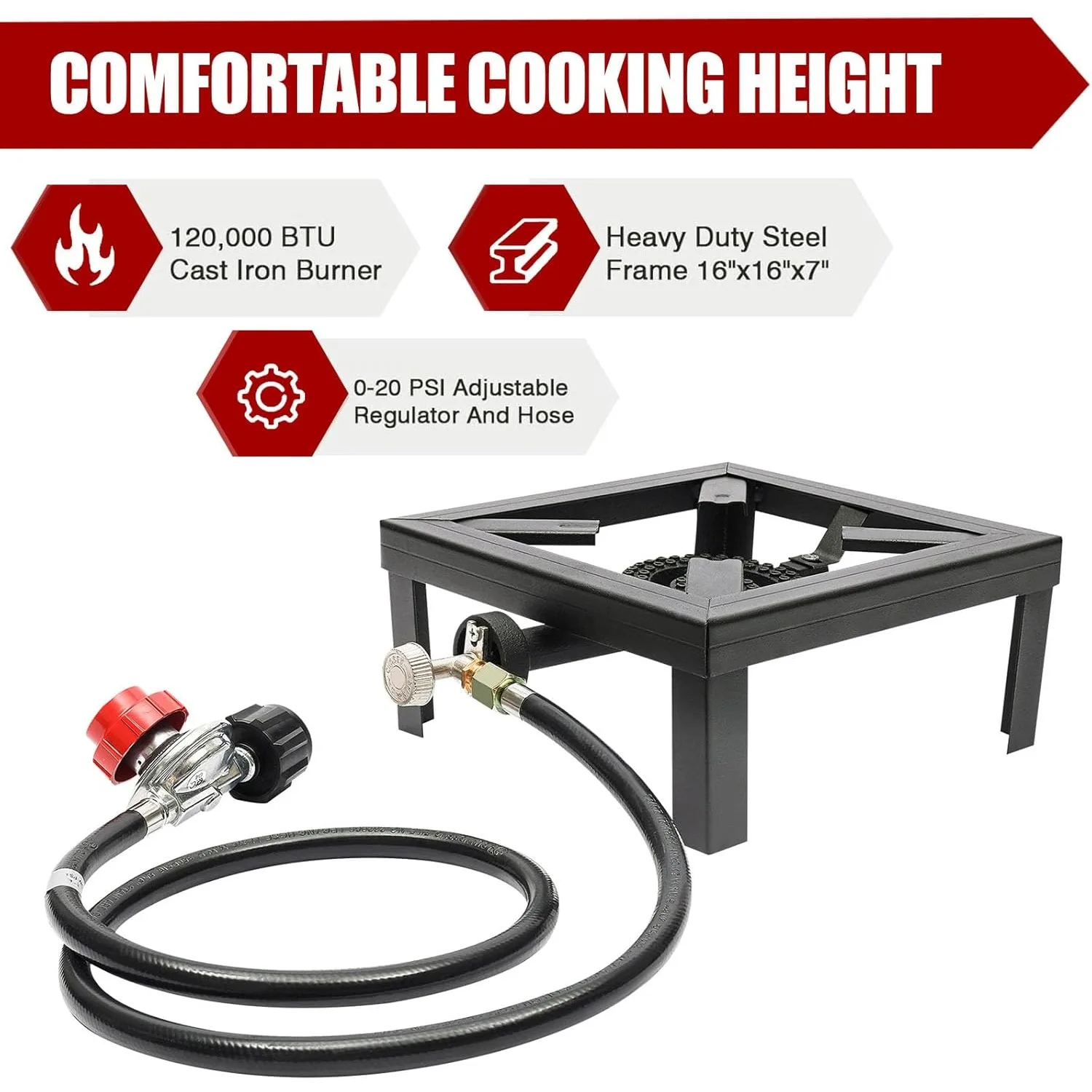 موقد غاز مربع محمول بشعلة واحدة طباخ البروبان مع خرطوم منظم قابل للتعديل 0-20 رطل لكل بوصة مربعة للتخييم والشواء وتخمير المنزل
