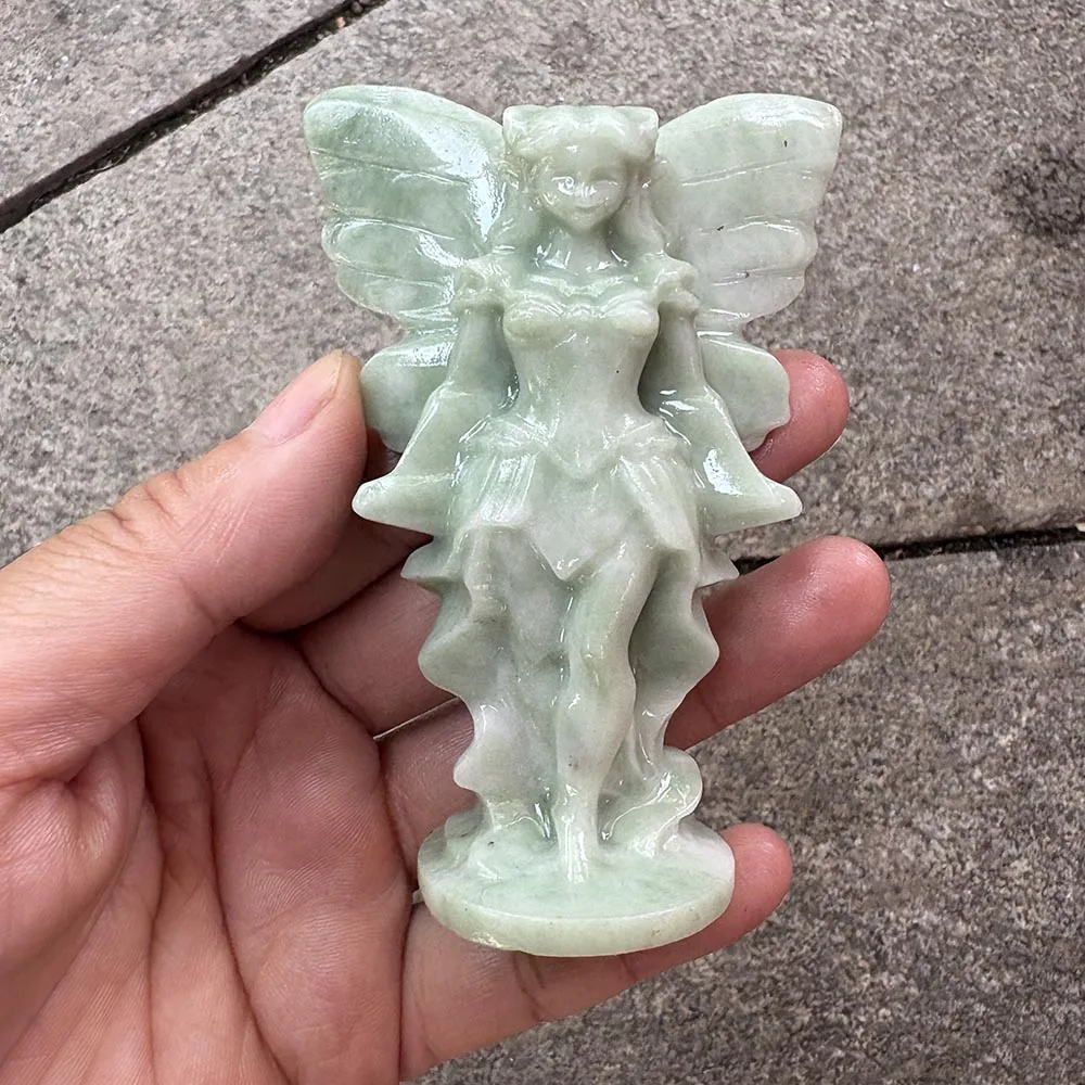 Op maat gemaakte natuurlijke jade vlinderfee beeldje - Edelsteen mythische sprite sculptuur tafeldecoratie voor energiebalans