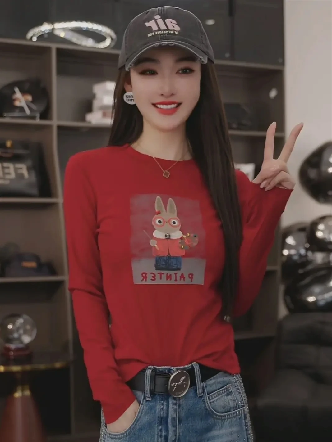 

Casual Long Sleeve T-Shirt Women's Base Layer Shirt Versatile Fashionable New 2026 HUANG VINI Rabbit Design Breathable Cotton...