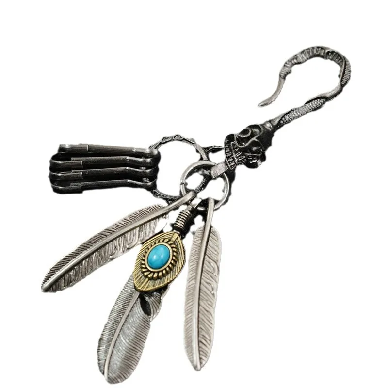 New Fashion Trends Vintage Aesthetic Metal Hook Keychain Charm Feather Turquoise Creative Waist Ornament Pendant