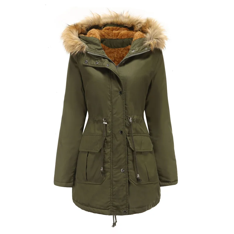 Casaco de inverno quente feminino gola de pele casacos casacos para senhora longo fino velo parka hoodies parkas