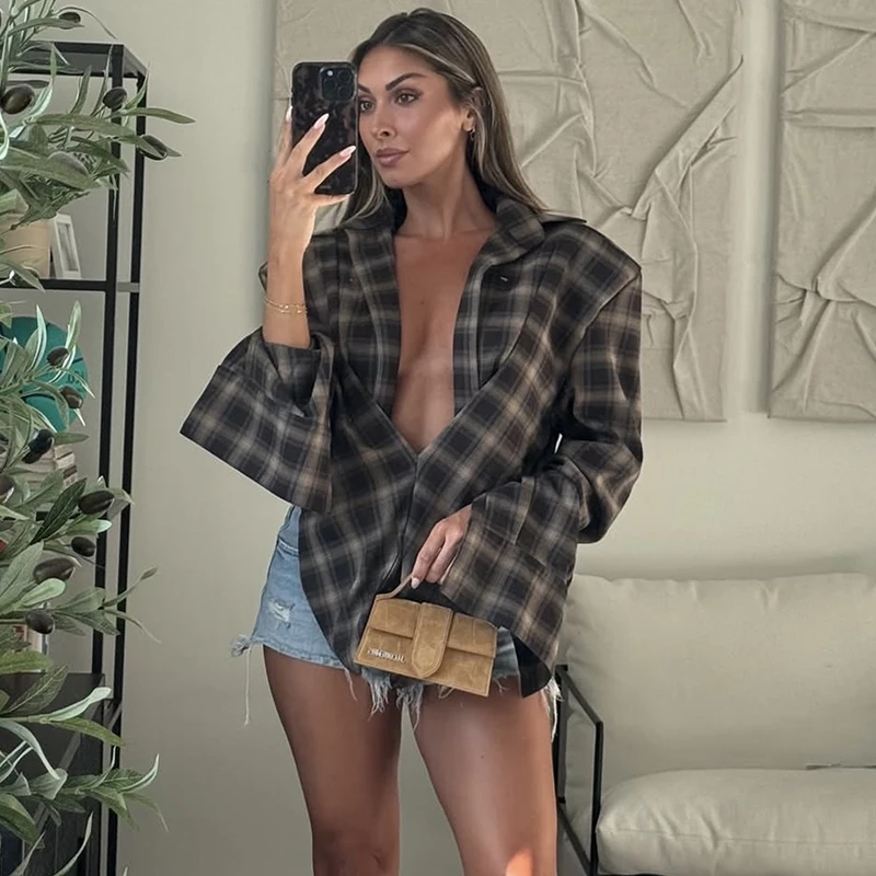 

Tornova Sexy Plunge Plaid Shirt Top Women Fashion Irregular Splice Loose Blouse 2025 Fall Winter Ins Hot Long Sleeve Lady Shirt