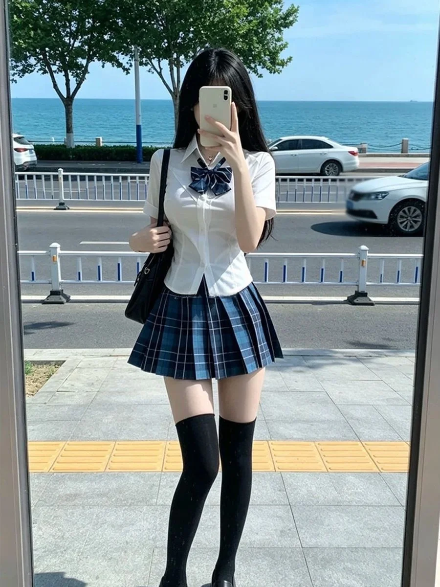

Slim Fit Short Sleeve Shirt And Skirt Set JK Uniform School Uniform Style Breathable Polyester Fabric Button Closure Casual Wear