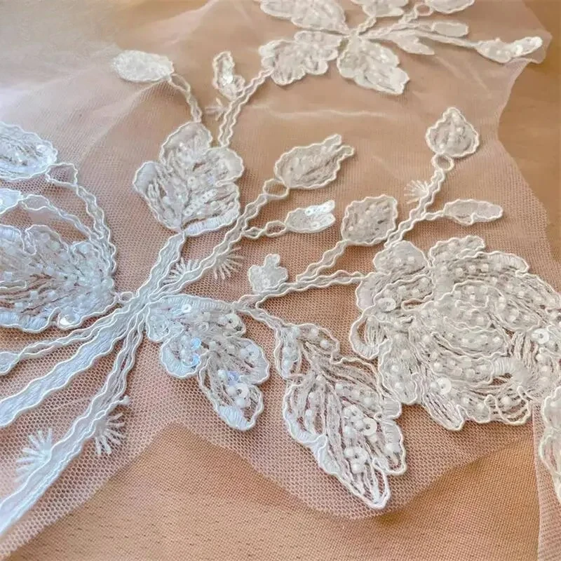 2Pairs. Advanced Border Beaded Embroidery Flower. White Handmade DIY Wedding Dress,Cheongsam Clothing Decoration Patch.