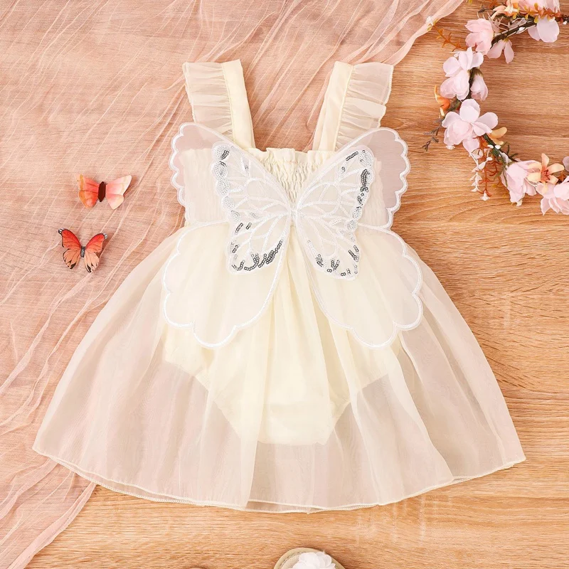 Summer Baby Girl Dress Sweet Solid Sleeveless Princess Dress Fancy Sling Tutu with Wing Infant Bithday Party Wedding Dress 0-24M