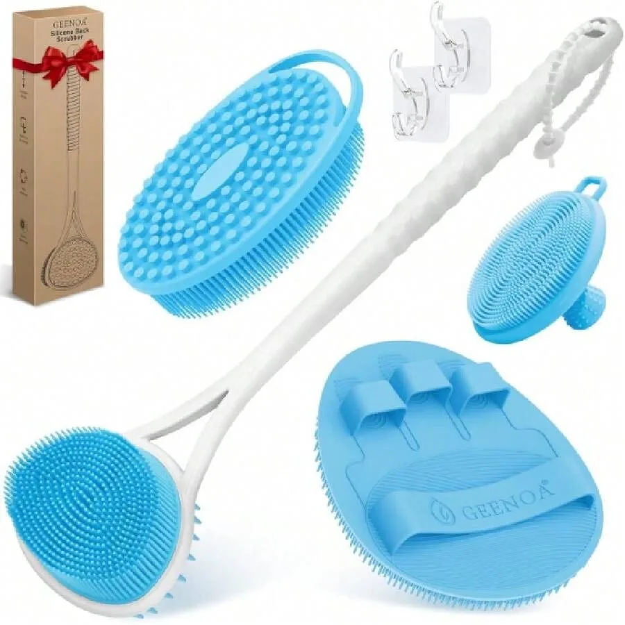 

【New style】Silicone Back Body Face Scrubbers Set 4PCS, 15.35'' Back Scrubber Soft Bodcrubber For Dual-Side Usage, Easy-To-Hold