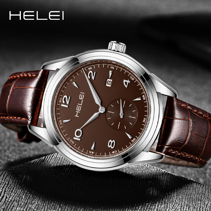 HELEI Fashion new sports casual quartz watch date genuine leather luminous strap men\'s wristwatch