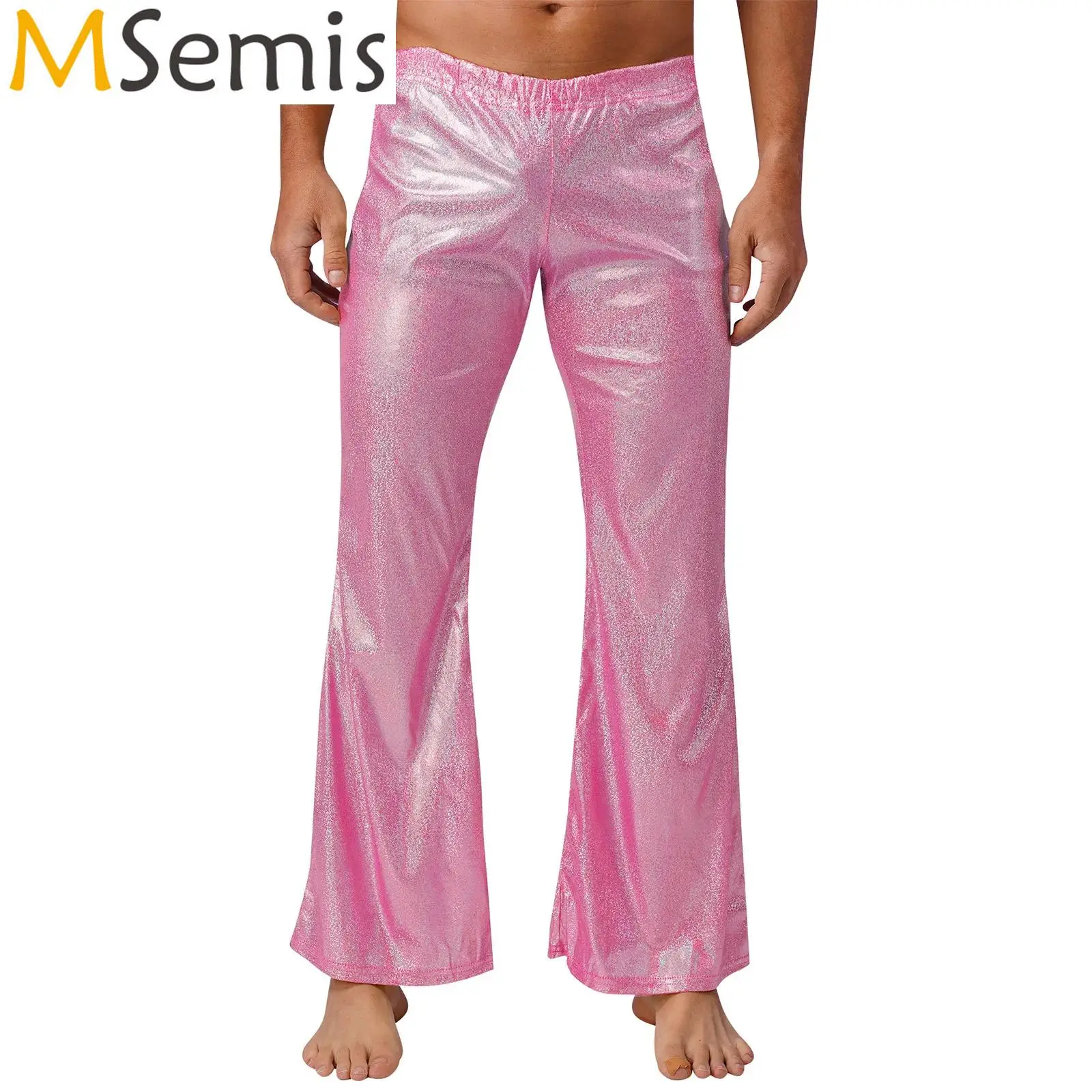 

Mens Metallic Shiny Flare Stage Pants Elastic Waistband Wide Leg Long Pants Dance Performance Party Clubwear