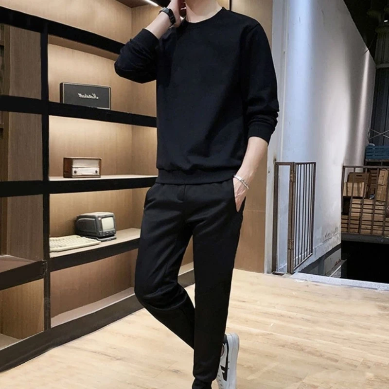 Men 2026 Autumn Long Sleeve T-Shirt Sweatpants Set Solid Casual Gym Student Loungewear 2 Piece Outfit Tracksuit