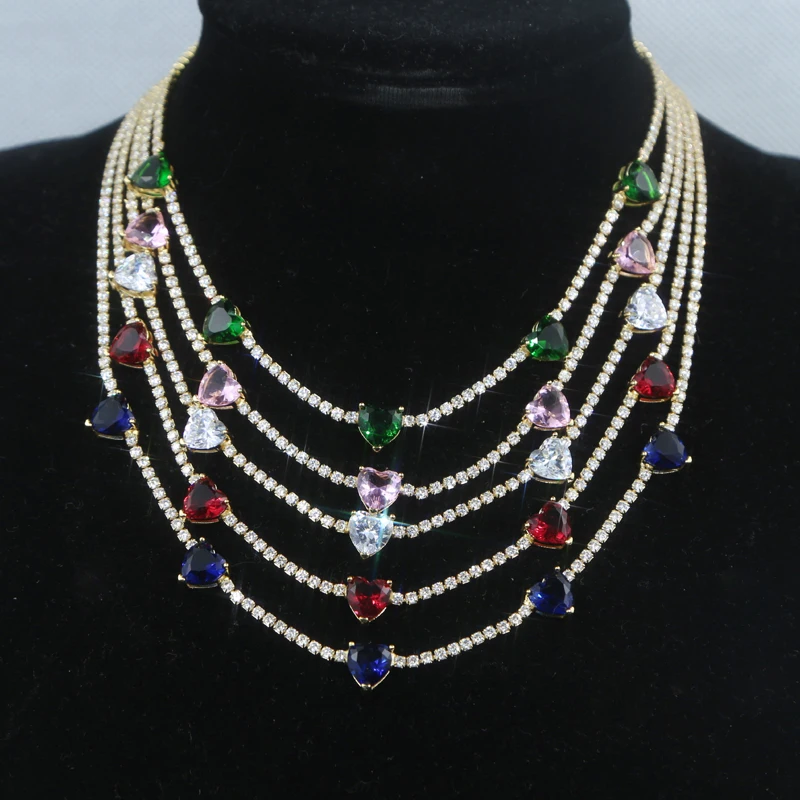 High Quality Fashion Colourful Clear Heart Cubic Zirconia Multicolour Heart Charm Necklaces Jewelry With Tennis Chain For Women