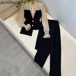 Temperament Pants Outfits Korean 2 Piece Sets for Women Irregular Fake Two Shirt Tunic Pants Suit Roupas Femme Chic Vintage Set