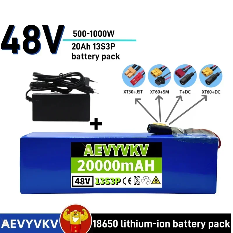 

48V 20Ah 1000w 13S3P XT60 48V Lithium ion Battery Pack 20000mah For 54.6v E-bike Electric bicycle Scooter with BMS+charger