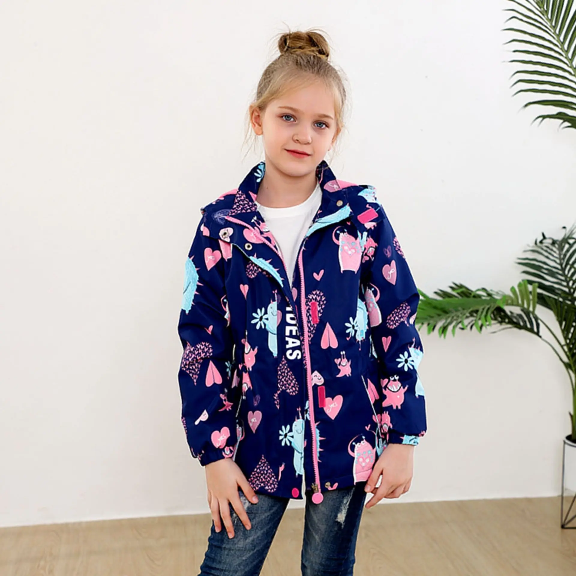 Girls Stylish Splash Inked Fleece-lined Jacket With A Hood, Casual Outdoor Windbreaker Jacket