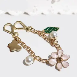 Metal keychain bag charm decoration bag extended chain golden pink flower leaf butterfly pendant for girl lobster clasper