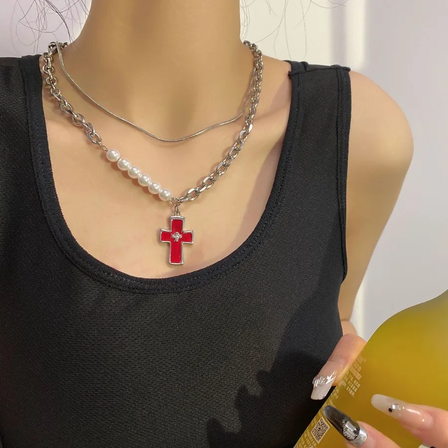 التيتانيوم الصلب الصليب الحب قلادة مع فو اللؤلؤ سلسلة قلادة هدايا عيد الميلاد سترة سلسلة للنساء الفتيات مع صندوق هدية #3