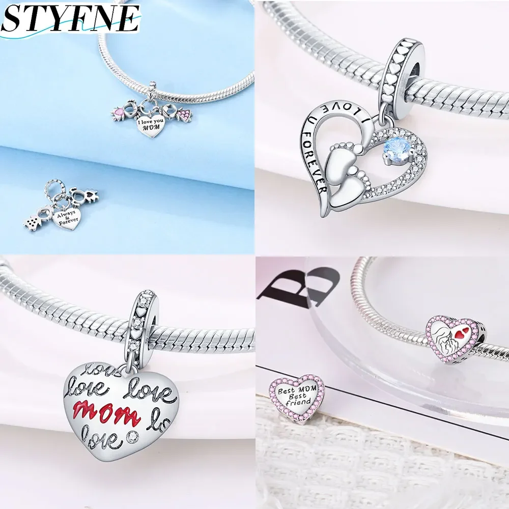 925 Sterling Silver 2024 Mother\'s Day Love You Mom Heart Rose Charm Beads Fit Brand Bracelet  DIY Women\'s Jewelry Gift