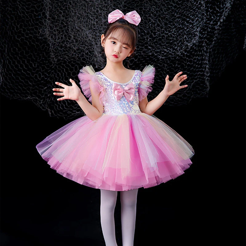 Novo Vestido Tutu Arco-Íris para Meninas 2026, Fantasia de Princesa com Lantejoulas Brilhantes, Vestido de Tule Puff para Festa de Aniversário e Apres