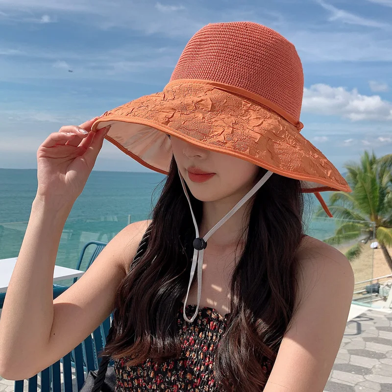 Korean Women's Fashion Embossed Mesh Eye Color Glue Protection Hat Summer Travel Vacation Wide Brim Sun New