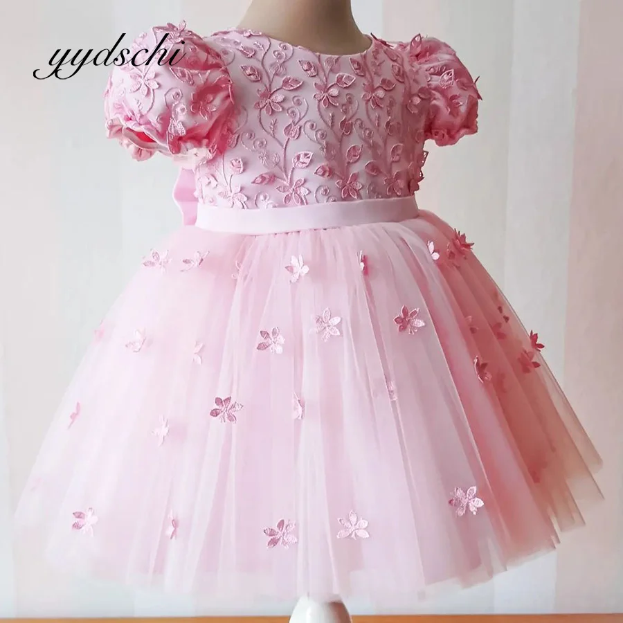 

Pink Tulle Applique Flower Girl Dress Exquisite Party Kids Birthday Knee Length Bow A-Line Princess Lace Short Dresses 2023