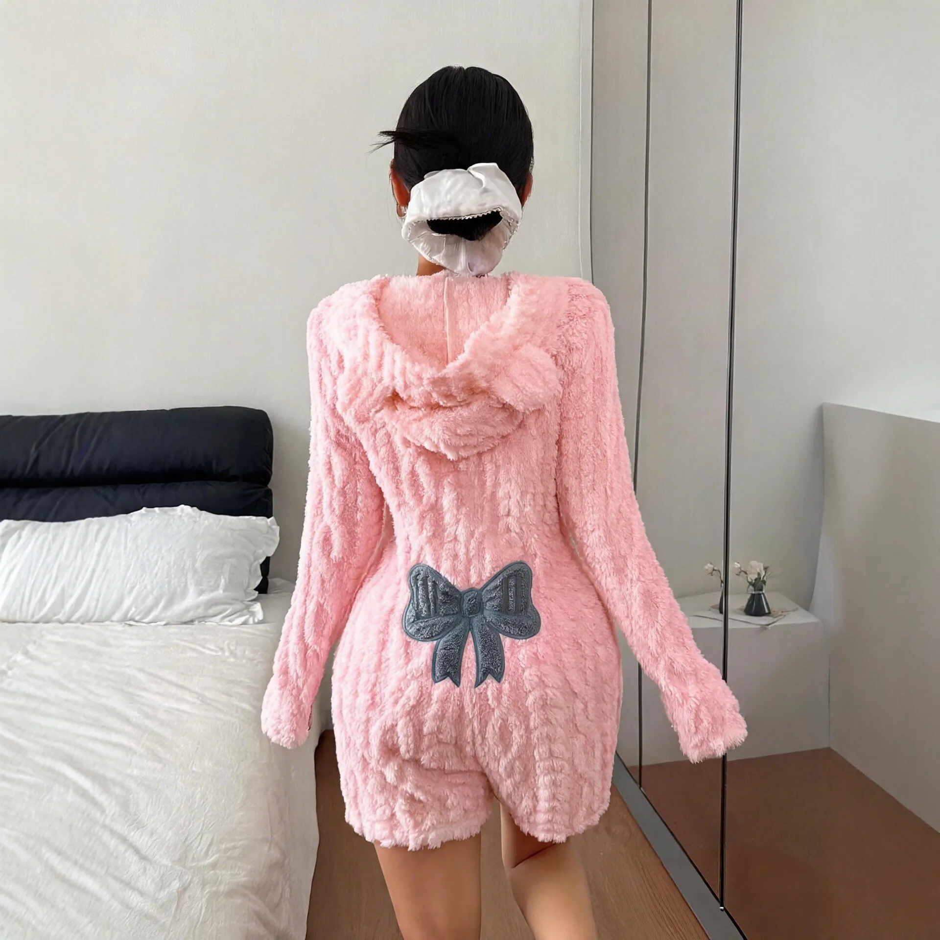 New Autumn Winter Women Hooded Fleece Onesie with Bow Pattern, Long Sleeve Family Matching Pajamas Jumpsuit