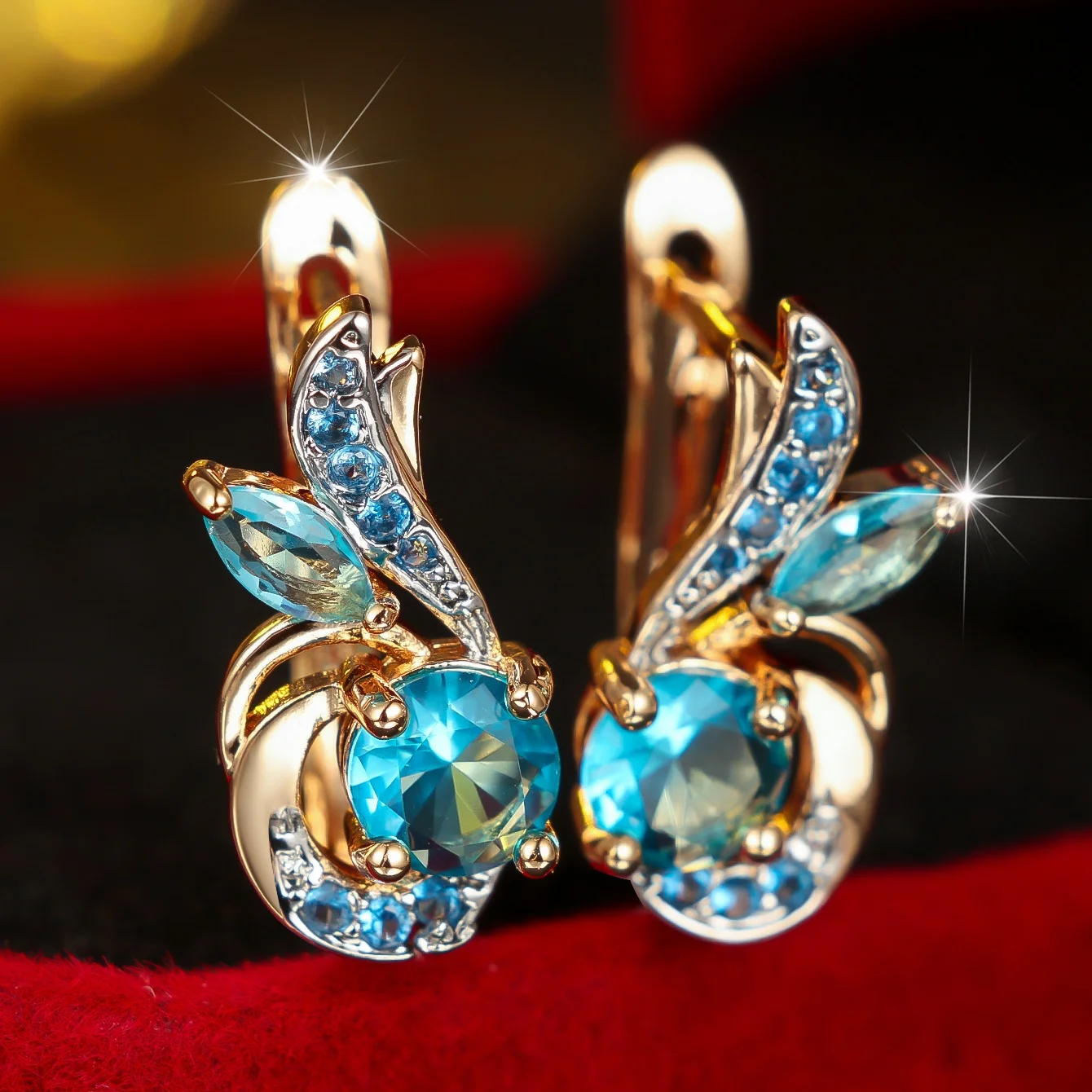 Cute Female Green Light Blue Zircon Stone Flower Hoop Earrings For Women Vintage Gold Color Wedding Jewelry