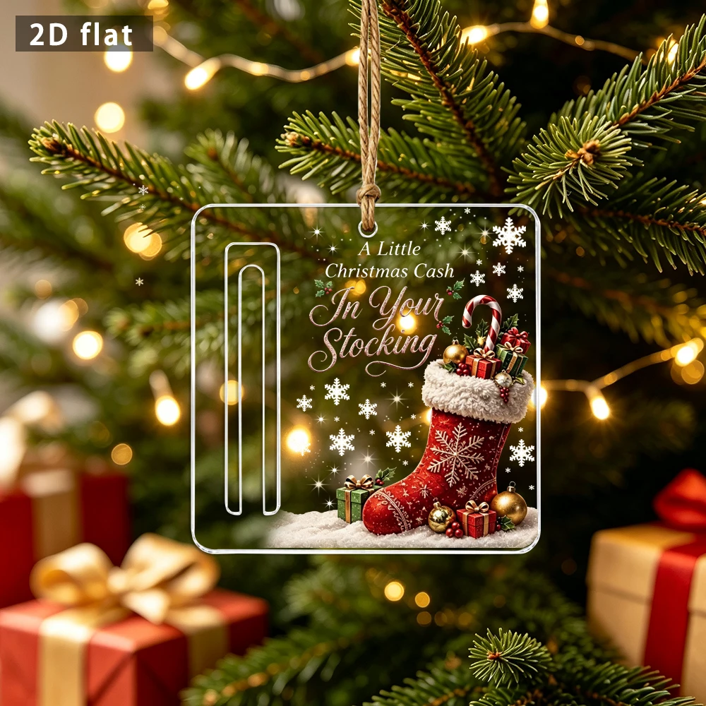 Christmas Acrylic Cash Holder Plaque, 2D Flat Christmas Stocking Hanging Ornament for Xmas Tree Holiday Gift Decor