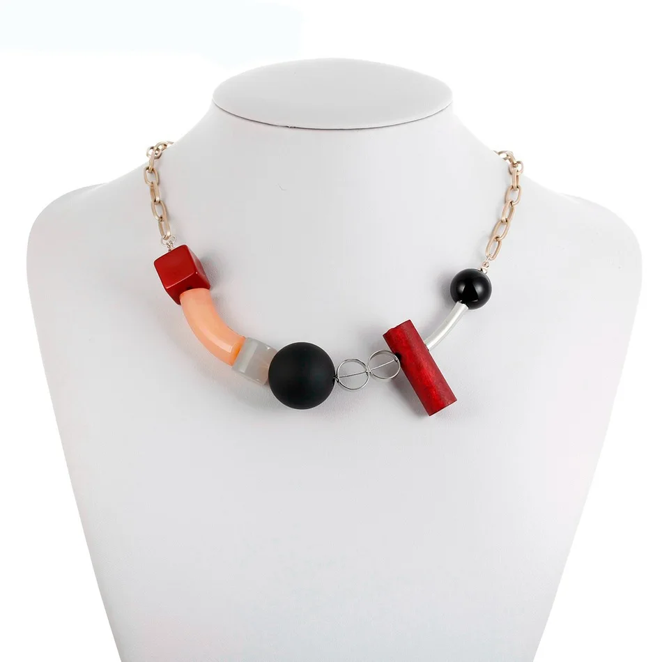 Women's Geometric Acrylic Bead Necklace Pure Handmade Wood Bead Retro Pendant Necklace New Cross-border Popular Jewelry