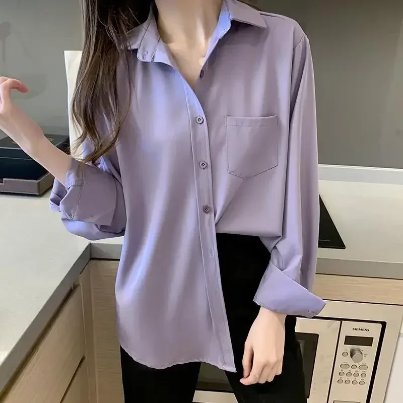 

TPJB New Purple Loose Women Blouse Ladies Solid Color Long Sleeve Simplicity Shirts Tops Korean Fashion Female Clothing
