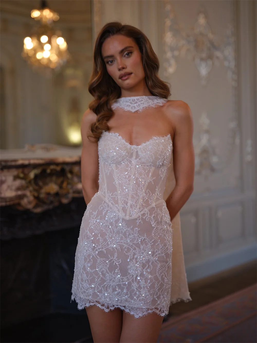 كيوتو مخصص لامعة مشد صغير الدانتيل فستان الزفاف بلا أكمام الرسن vestidos de novia التعادل الخلفي غمد بعد ثوب الحفلات 2025