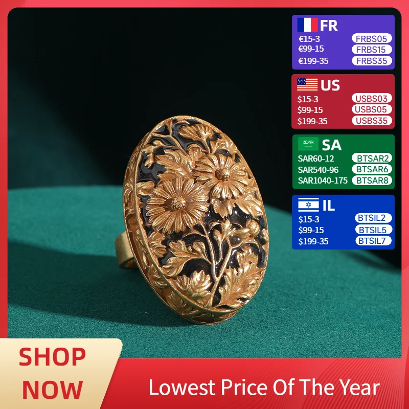 

Vintage Art Deco Ring for Women - 18K Gold-Plated Hand-Carved Floral Enamel Pendant Ring, Luxury Accessory for Formal Occasions