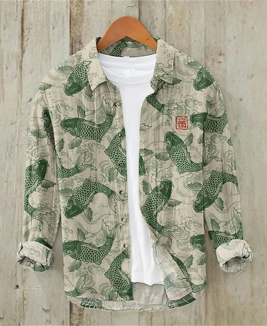 Men's retro casual shirt, fashionable and simple linen spring and autumn creative art print shirt, fast delivery - Image 4