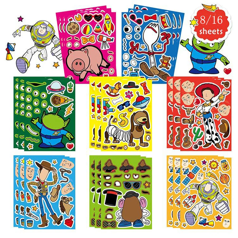 

8/16Sheets Disney Cartoon Toy Story Puzzle Stickers Funny DIY Make a Face Assemble Jigsaw Craft Sticker Decals Education Toys