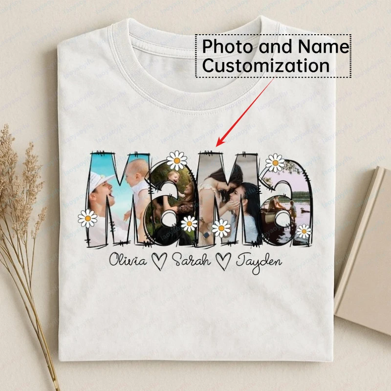 

Personalized Mama Photo Collage Shirt Names Customization Tee Unisex High Quality Cotton Short-sleeve Top Fun Mother's Day Gift