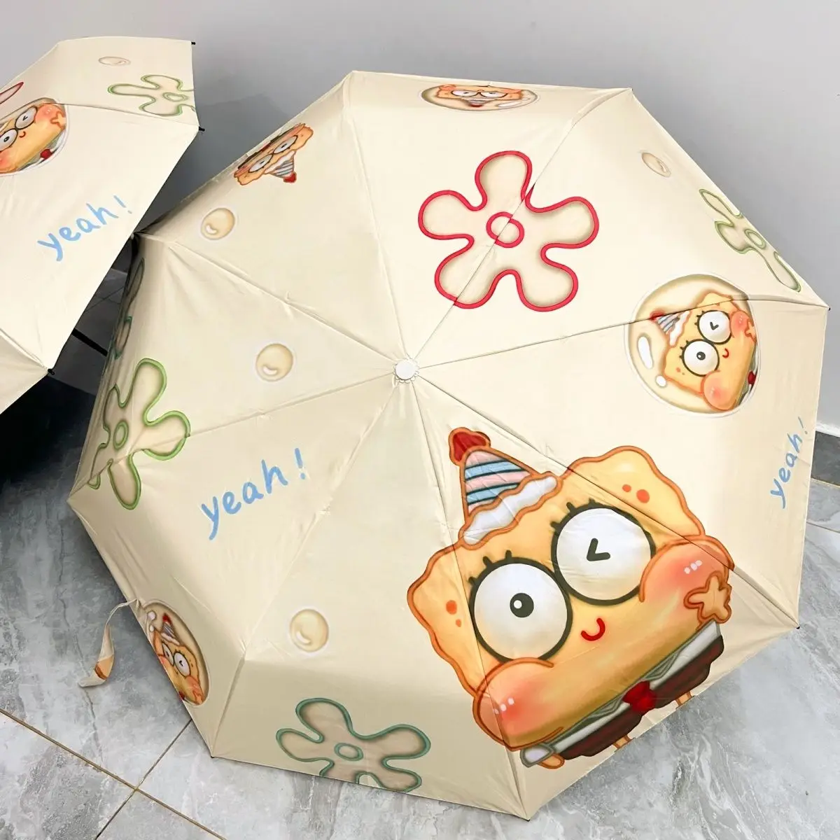 

Kawaii SpongeBob Auto Open Close Umbrella Black Rubber UV Protection Sunshade Dual-purpose Rainproof Compact Fold Umbrella