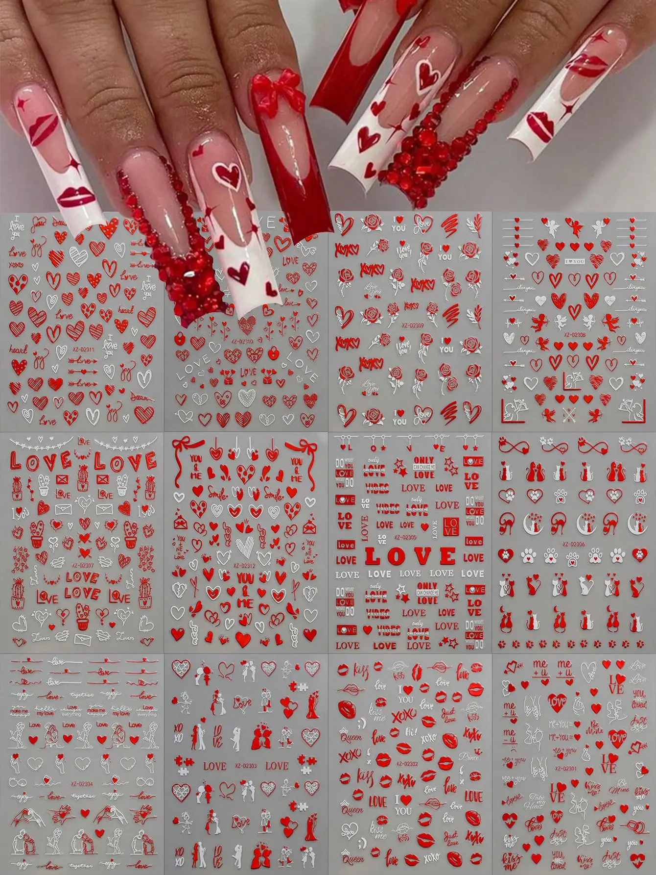 

12Pcs/Set 3D Red Heart Valentine's Day Nail Art Stickers Self-Adhesive Love Lip Print Rose Couple Nail Decals