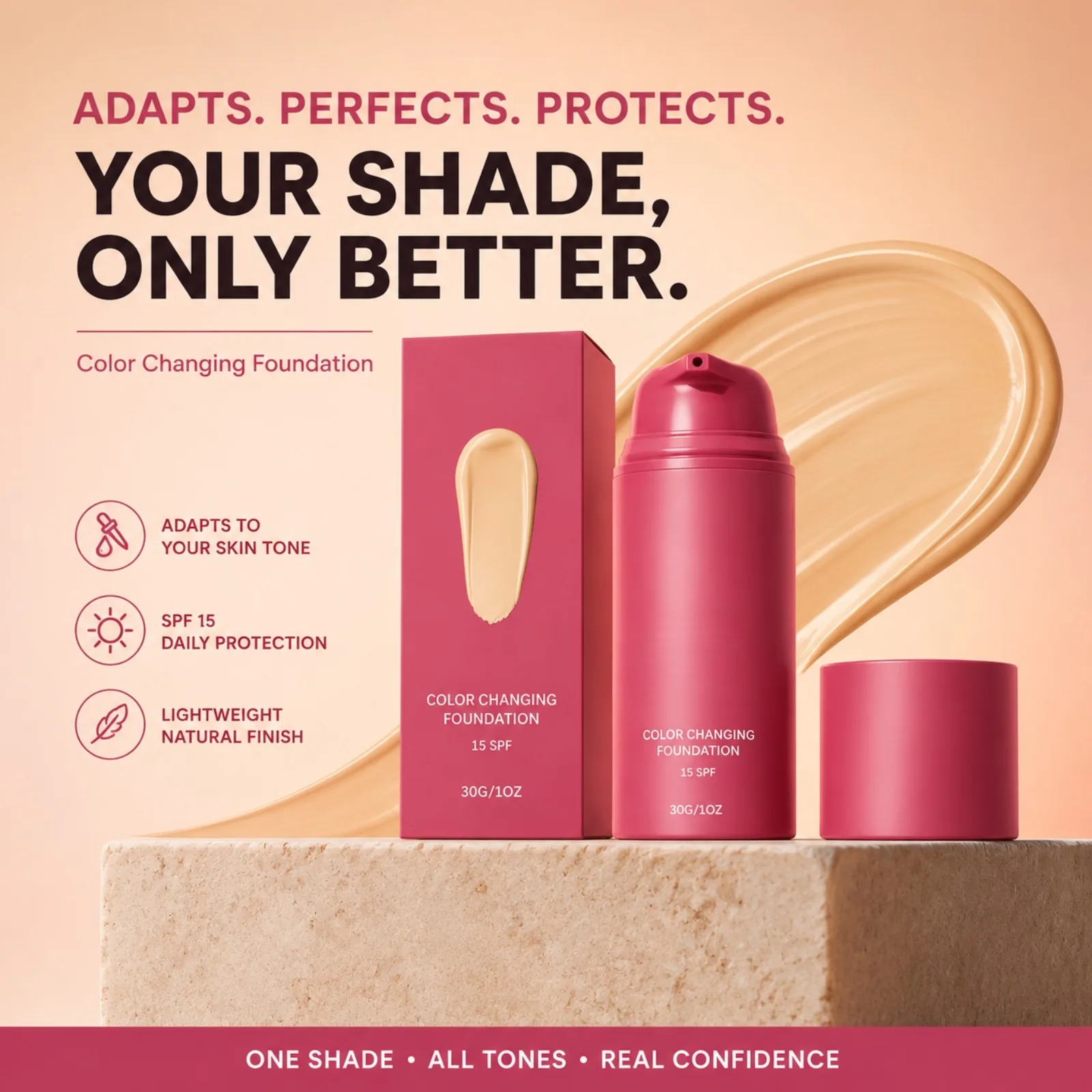 Color Changing Foundation SPF15 Skin Tone Adapting Makeup Natural Finish Lightweight Liquid Foundation Long Wear Daily Face Base
