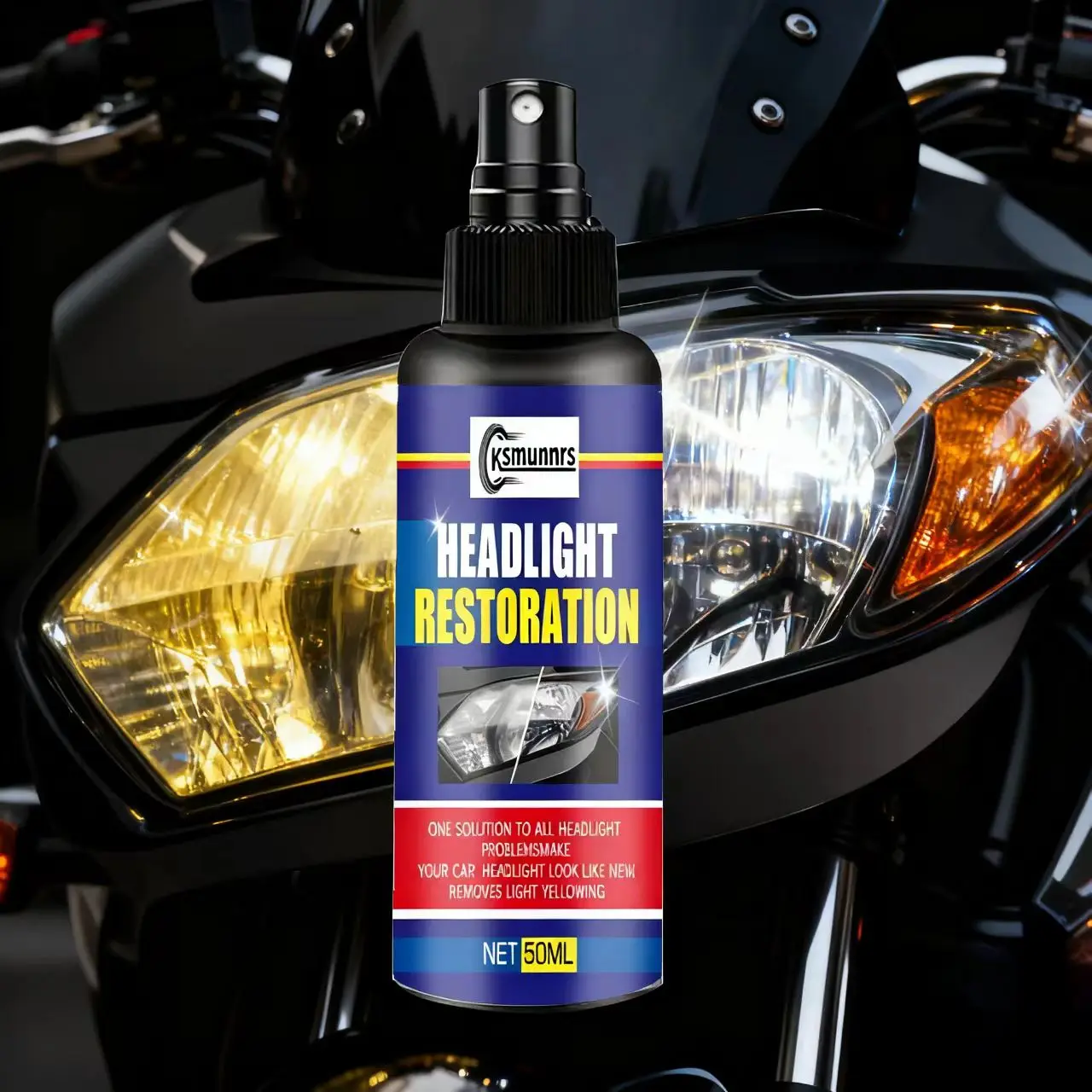 Ksmunnrs Headlight Restoration Spray 50ML, Car Headlight Lens Cleaner & Restorer, Removes Yellowing & Restores Clarity