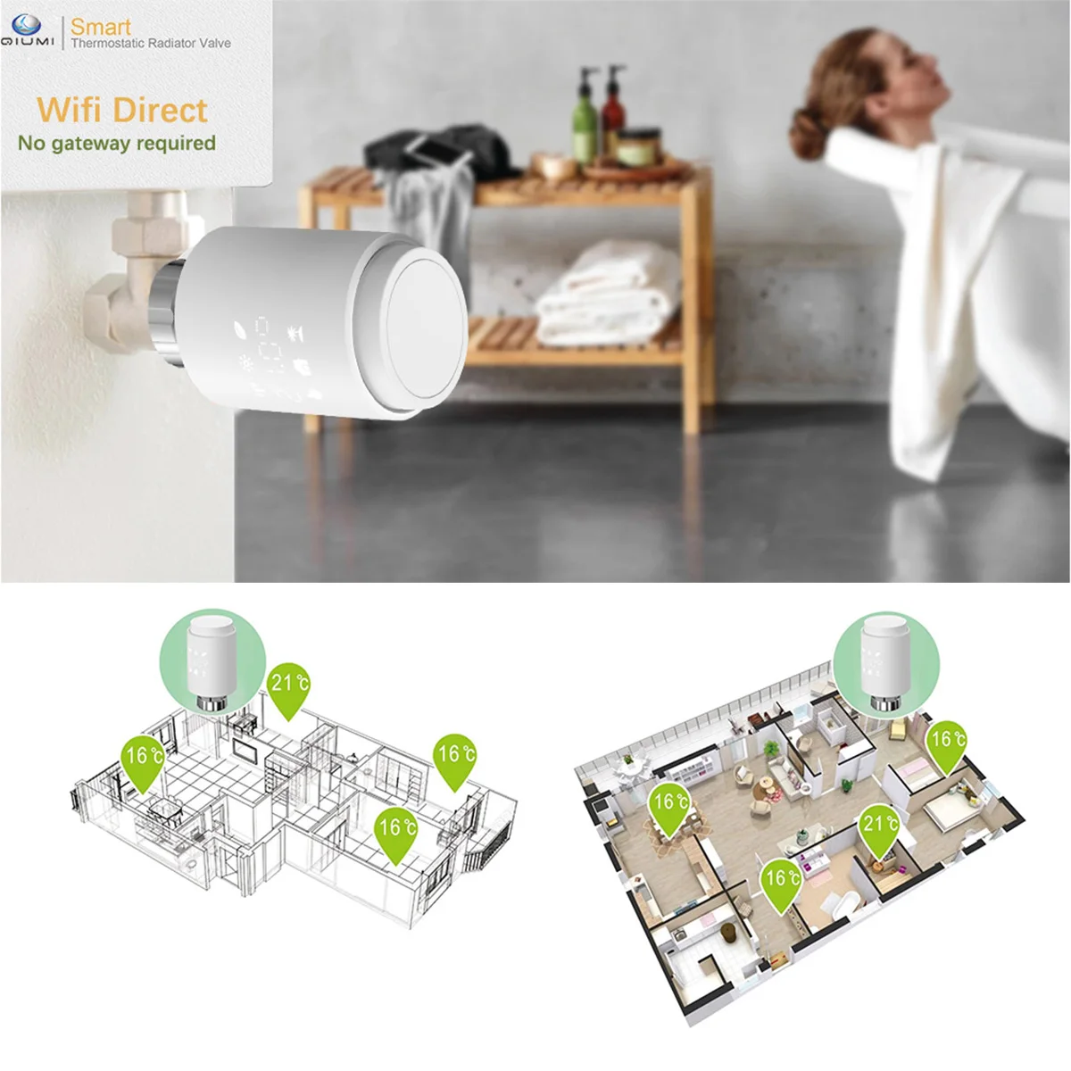 Qiumi Smart Wifi Thermostatic Radiator Valves Wifi Direct No gateway required Work with Alexa Googlehome