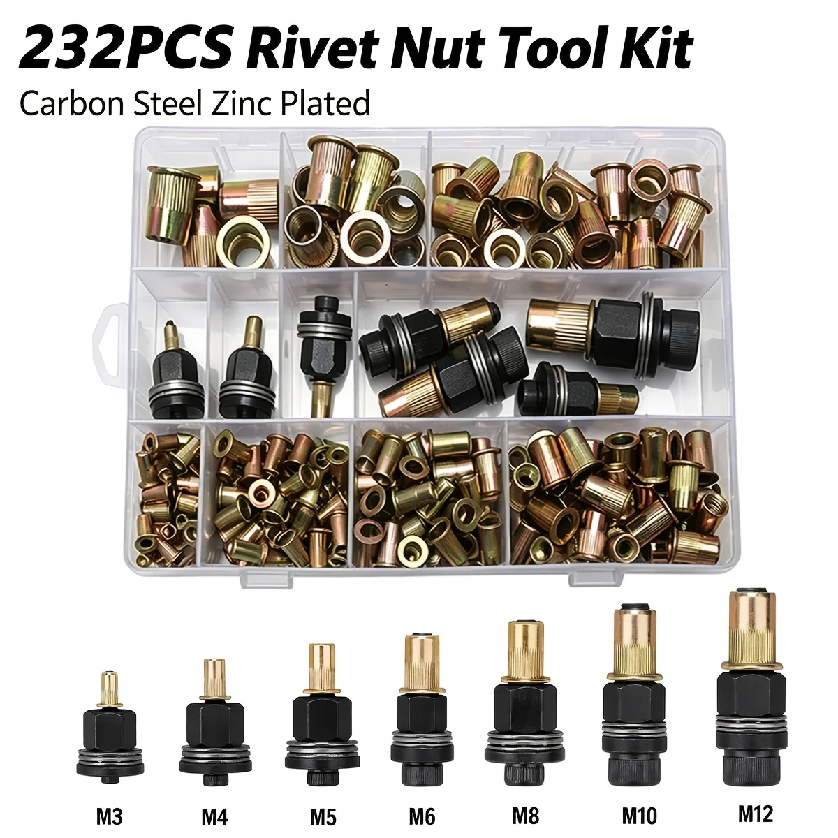 232PCS Rivet Nut Tool Kit M3-M12, Zinc Plated Carbon Steel Rivnuts, Flat Head Threaded Inserts with Mandrel, Storage Box for Aut