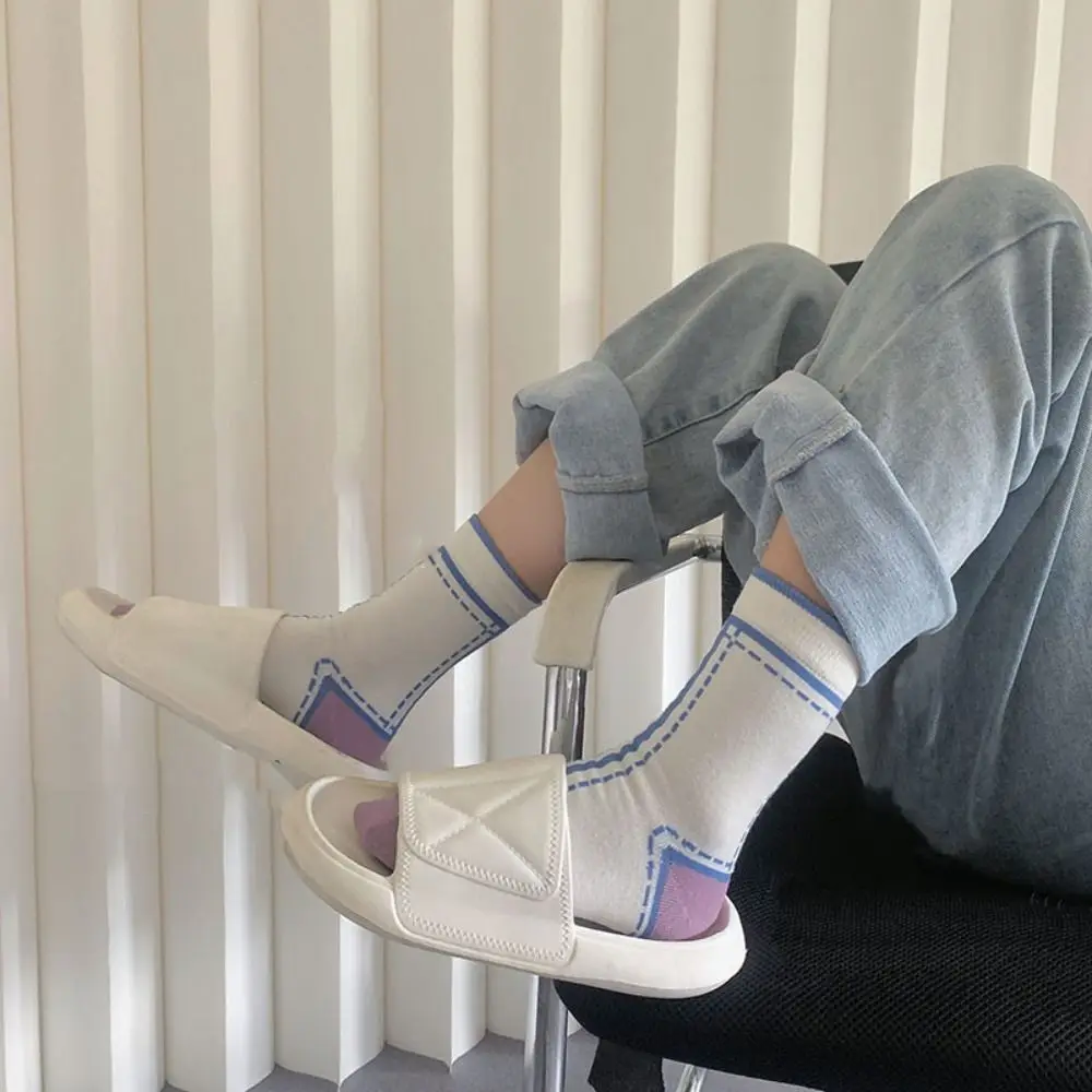 5Pairs Sweet Patchwork Stripe Socks Kawaii Mid Tube Dashed Line Socks Korean Ins Style Anti-slip Socks Women Lady