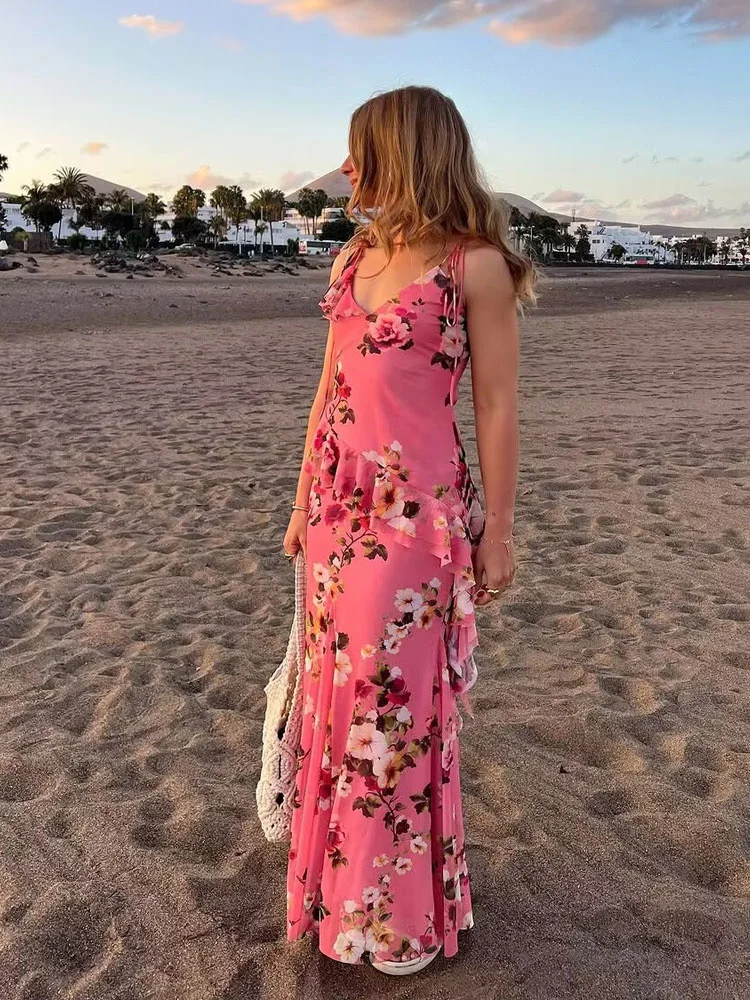 HH Vrouwen Zomer Bloemen Prints V-hals Mouwloos Asymmetrie Versieren Top + Mode Hoge Taille Geplooide Lange Rok 2-delige Set