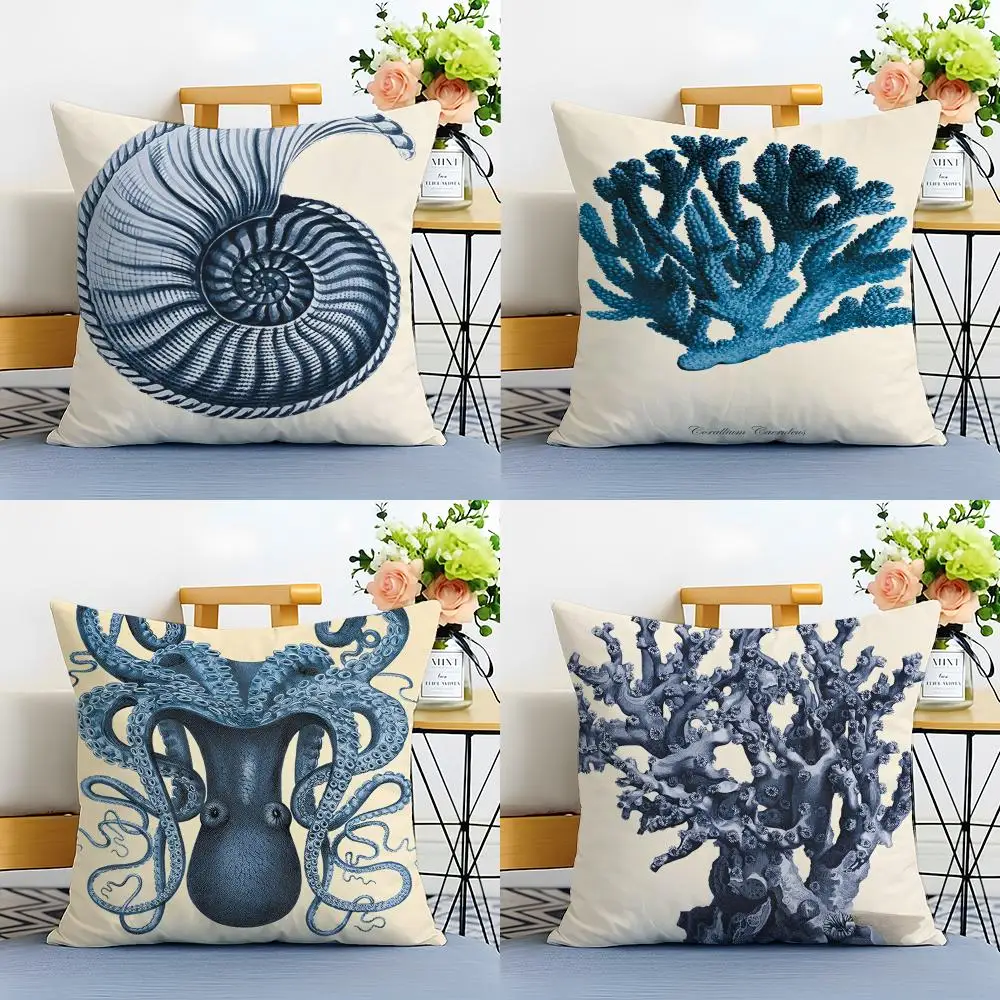 Enchanting Blue Sea Creature Coral Shrimp Cushion Cover Linen Minimalist Soft  for Sofa Bed Home Room Decor