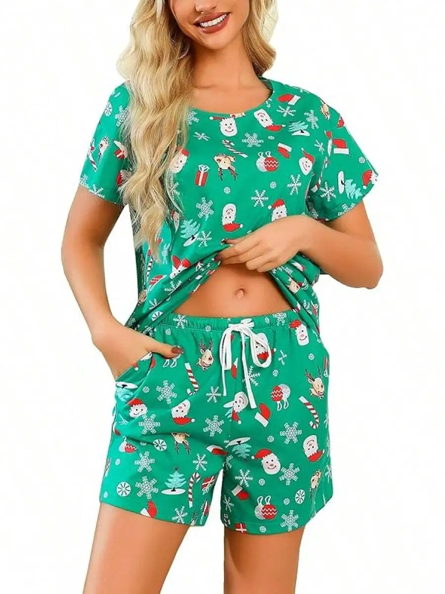 

Womens Cotton Polyester Christmas Print Pajama Shorts Set With Pockets