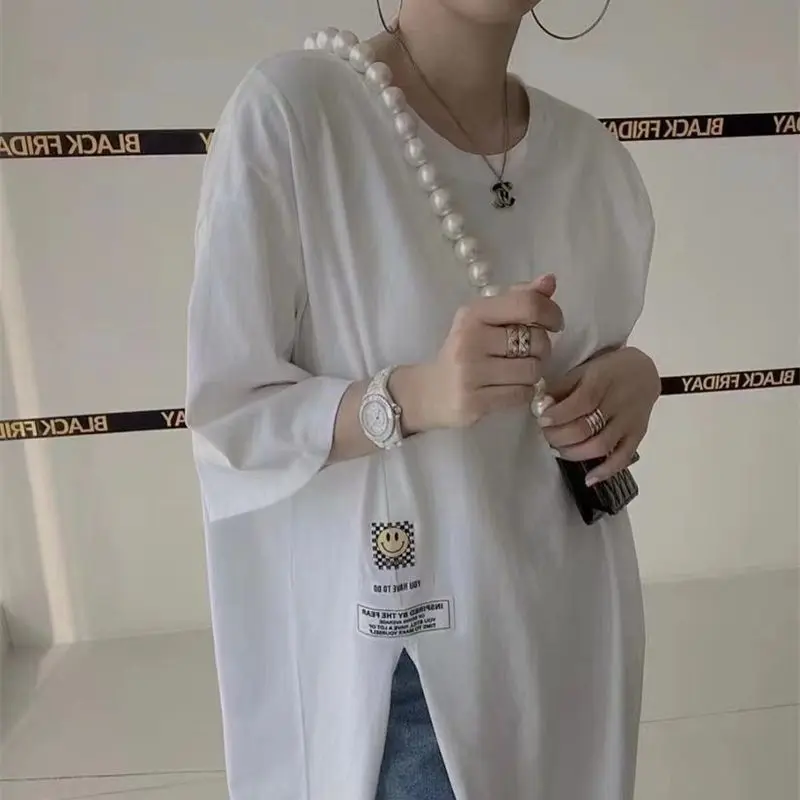 Camiseta de moda coreana para mujer, Camiseta larga con cuello redondo, Tops sólidos con abertura Y2k, Camiseta larga informal Irregular elegante 2023